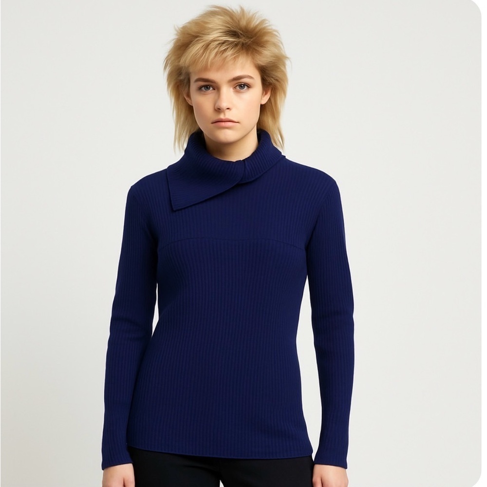 Vintage 80s Claude Montana womens sweater size Small navy blue asymmetric collar